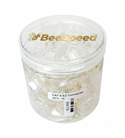 BeeSpeed Cat6 EZ RJ45 Plug 100 Adet | Altın Kaplama Açık Uçlu 8P8C Ethernet Konnektör