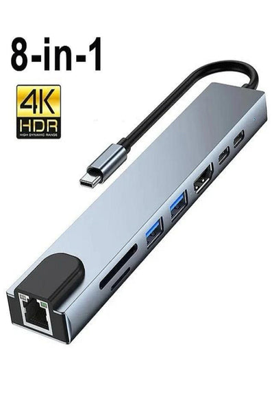 Hq Speed Type-C 8'i 1 Arada USB-C Hub Adaptör | 4K HDMI, USB 3.0, Type-C PD, Gigabit Ethernet, SD/microSD Kart Okuyucu